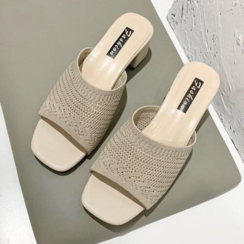2021 Summer Sandals Women Shoes Women Mules Slides Peep Toe Square High Heels Sandals Female Shoe Casual Square Heel 35-39