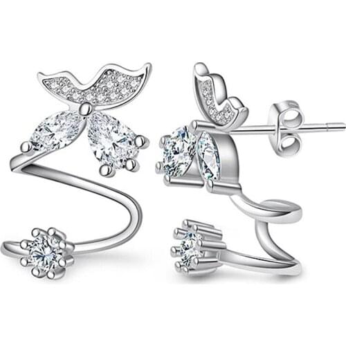 5A Zirconia Crystal Butterfly Flowers Stud Earrings Ear Cuff Earrings with Piercing Fashion Party Jewelry Gifts for Women