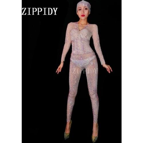 Sparkly 3 Colors Rhinestones Perspective Bodysuit Sexy Stretch Crystals Jumpsuit Female Celebrate Mesh Outfit Performance Wear