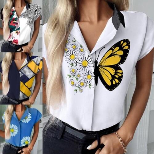 Women‘s Blouses Summer Floral Printed Women Blouse V-Neck Elegant Color Matching Short Sleeve Summer Shirt Cardigan Top