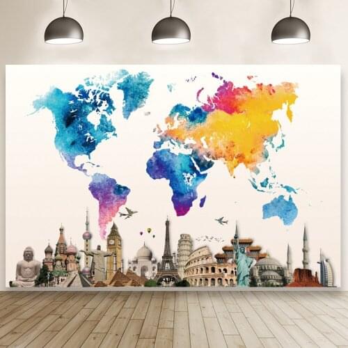 World Globe Travel Adventure Background Map National Landmark Kids Birthday Party Photography Backdrop Studio Wallpaper Banner