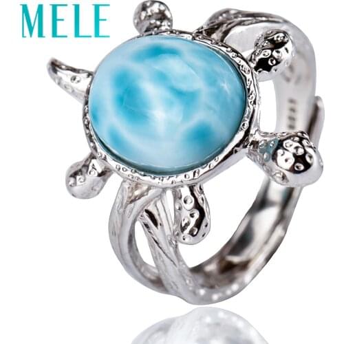 Tortoise shape natural deep blue larimar ring with silver 925,classic style jewelry for women and girls Suitable for party