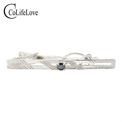 CoLife Jewelry 925 Silver Tie Clips for Party 4mm Natural Sapphire Tie Clips for Party Fashion Man Jewelry Birthday Gift for Man