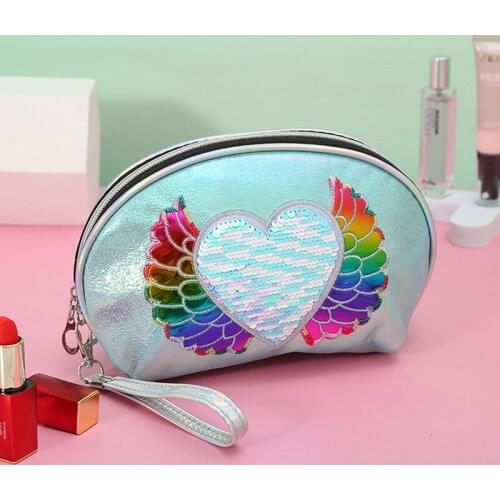 Makeup Case Zipper Storage Bag Glitter Mermaid Sequin Wings Pattern Coin Card Purse Pouch Travel Cosmetic Bag Women Girls Wallet