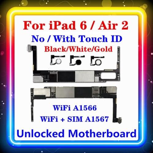 For IPad Air 2 Motherboard Factory Clean NO / With Touch ID WiFi(A1566),SIM(A1567) Original Replaced Main Board Black/White/Gold