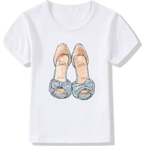 2020 NEW White T-shirt New Red Shoe Print Girls T Shirt Short Sleeve O-neck Summer Tops Kid Casual Children Tshirt