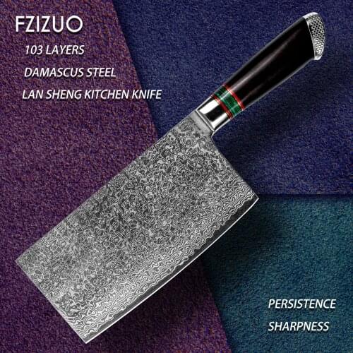 FZIZUO 7.3" Handmade Damascus Steel Chopper knife Vegetables Meat Knives Kitchen Cooking Tools With Sandalwood Wooden Handle
