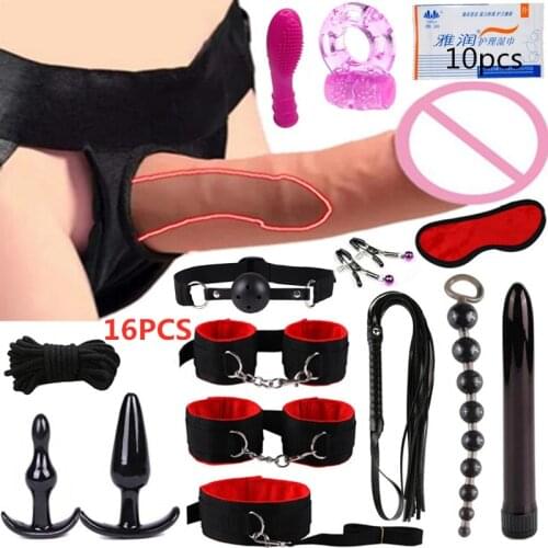 Wearable Strapon Dildo Panties Vibrator Adult Slave Game Collar Ankle Handcuffs Restraint Bondage Bdsm Sex Toys for Couple Kit