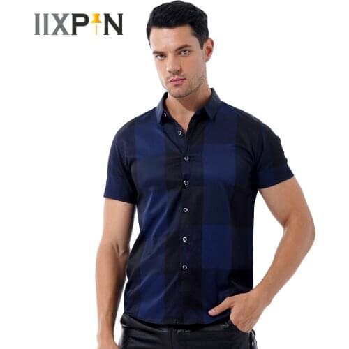 Plus Size Mens Plaid Shirts Short Sleeve Button Down Smooth Thin Gentleman Shirt for Office Business Shirts Man Summer Tops