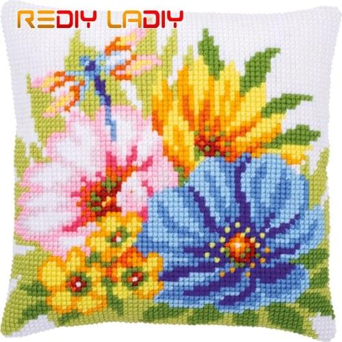 DIY Cross Stitch Cushion Cover Spring Flowers Pillow Case Pre-Printed Canvas Acrylic Thick Yarn Cross-stitch Needlepoint Kits