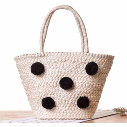 New shoulder straw bag national wind wool ball leisure beach bag summer leisure travel vacation woven bag