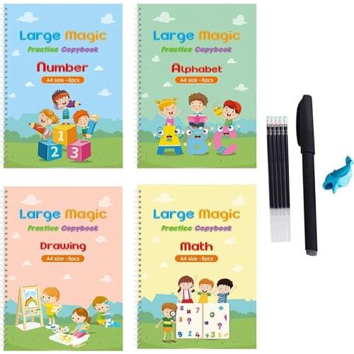 4 Pcs Magic Practice Copybook,English Number Lettering Magic Practice Copybooks Reusable English Calligraphy Copybook For Kid