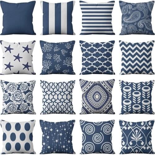 Vintage Flora Cushion Cover Teal Blue Linen Geometry Sofa Pillow Cases Bedroom Home Decor Car Office Decorative Accessories