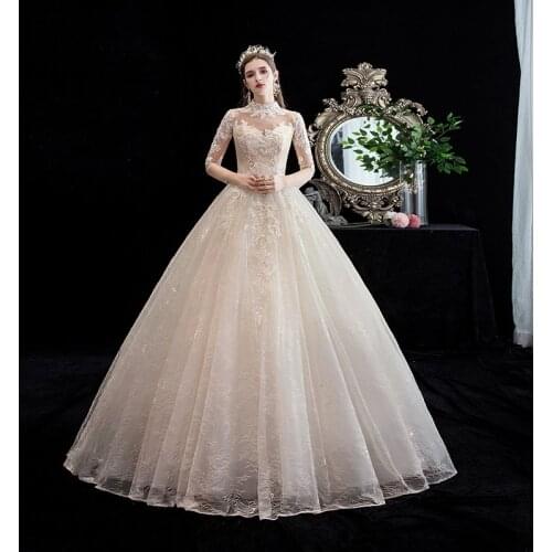 Embroidery High Neck Wedding Dress Full Sleeve Pleat A-Line Elegant Backless Floor-Length Plus Size Wedding Gowns For Women G189
