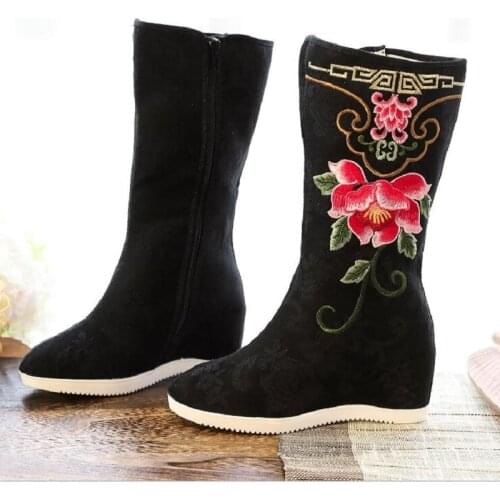 Spring Autumn Winter New National Style Height Increasing Embroider Flowers Canvas Women Half Mid-Calf Equestrian Boots 0624