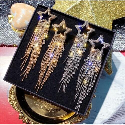 Women Crystal Rhinestone Star Long Tassel Drop Dangle Stud Earrings Jewelry Gift