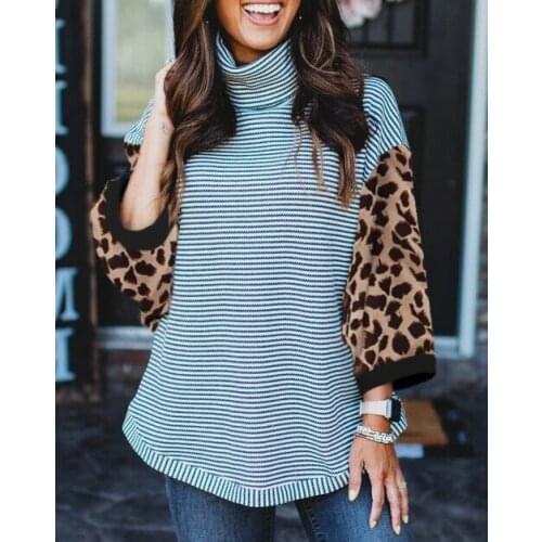 Stripe stitched leopard high collar autumn and winter women