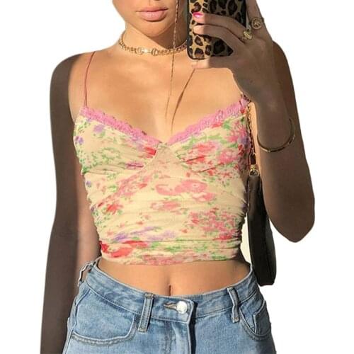 Womens Spaghetti Strap Slim Crop Top Sexy V-Neck Backless Mesh Camisole Vintage Floral Print Lace Patchwork Sling Vest