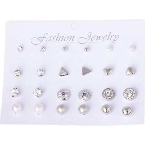 12Pairs/set Fashion Pearl Stud Hot Selling Triangle/Star/Round Bow Small Earring Set For Women