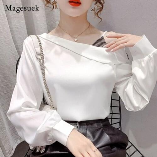 2021 Spring Sexy Off-shoulder Fashion Skew Collar Long Sleeve White Blouse Women Tops Chiffon Blouses Loose Clothes Blusas 13730