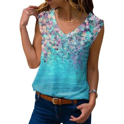 Sleeveless T-Shirt Women Floral Print V Neck Casual Loose Basic Tees Female Tank Top Summer Vest Plus Size 5XL Streetwear