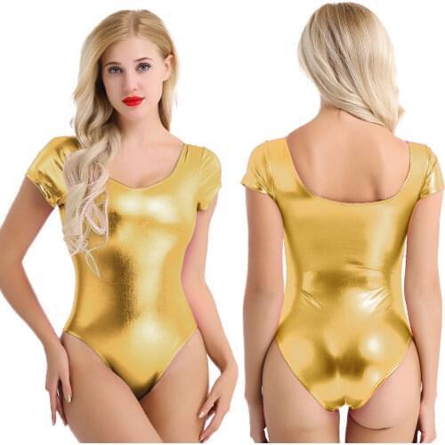 Women Adult Wetlook Ballet Dance Leotards Shiny Patent Leather Short Sleeve One-piece Gymnastics Leotard Slim Bodysuit Dancewear