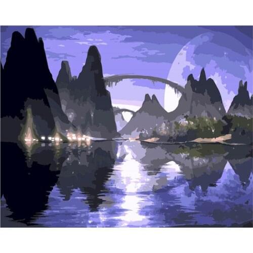 GATYZTORY Diy Painting By Numbers HandPainted Mountain Water Night Landscape Paint By Number Handpainted Gift Wall Arts Pictures