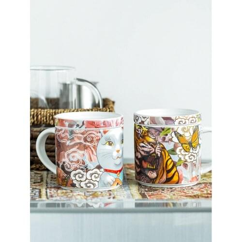 Ceramic coffee mug ins popular cartoon tiger cat printed 430ml big capacity cups and mugs with lid gift box breakfast drinkware
