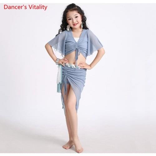 Belly Dance Set V-Neck Top Short Sleeves Skirt Practice Clothes Suit Child Profession Elegant Performance Clothing Summer