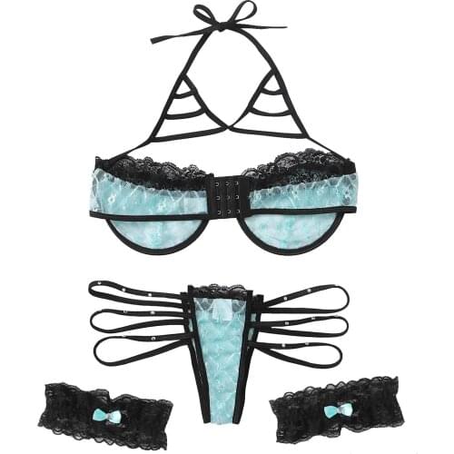 2021 New Sexy Lace Embroidery underwire lace-up hanging neck bra Thong leg ring underwear Women Erotic lingerie set