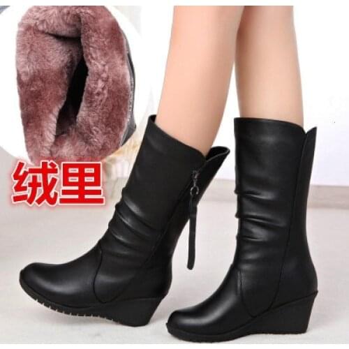 New Fashion Woman Long Boots Female Winter High Quality Pu leather Wedges Boot Ladies Rounded Toe Calf High Boots