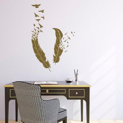 Feathers Wall Vinyl Stickers Birds Of A Feather Decals - Set Of 2 Feathers With Birds Art Living Room Decoration Modern Z395