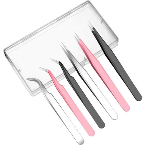 6 Pieces Eyelash Tweezers for Extensions, Straight and Curved Tip Stainless