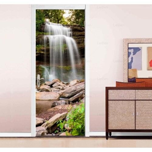 Self Adhesive 3d Door Stickers Forest Waterfall Landscape Art Renovation Living Room Waterproof Wallpaper Home Decor Picture