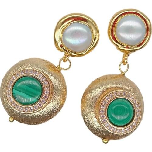 Natural Green Malachite Freshwater White Pearl Drop gold color plated Stud Earrings fashion Triangle Round Geometric for women