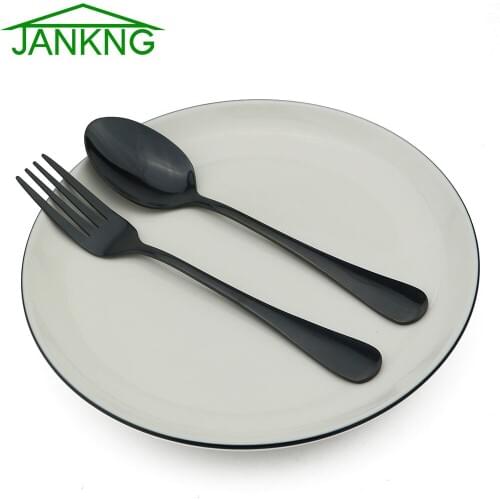 JANKNG Black Spoon and Fork Dinnerware Set Stainless Steel Dinner Spoon Dinnerware With Long Handle Metal Gold Spoon and Fork