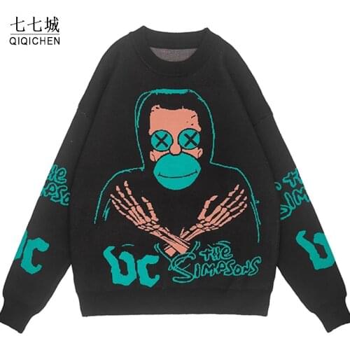 Hip Hop Skeleton Hand Sweater Men Women Anime Print Loose Knitted Sweater 2021 Autumn and Winter Cotton Streetwear Pullover