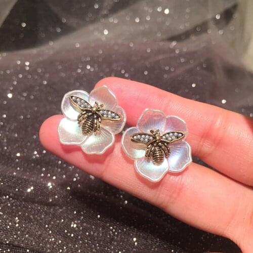 UBESTNICE Real 925 Sterling Silver Crystal Flower Stud Earrings for Women Fine Jewelry Vintage Pearl Bee White Petals Earrings
