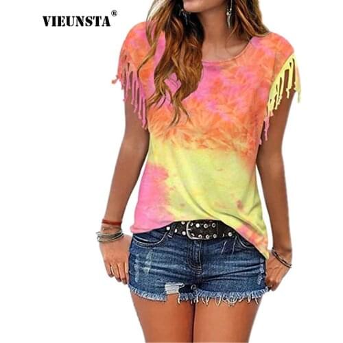 VIEUNST O Collar Top Lady Summer Season Casual Tie Dye Burn Flowers Tassel Short Sleeve T-Shirt Top All-Match Women Clothing 5XL
