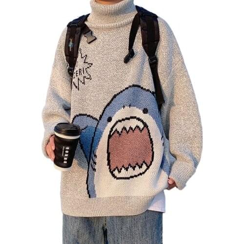 Hip Hop Men Turtlenecks Shark Sweater Men Autumn Winter Patchwor Harajuku Korean Style High Neck Oversized Grey Turtleneck Women