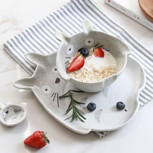 Japanese Ceramic Cute Totoro Salad Bowl Dishes Retro Plates Hand-Painted Cartoon Dessert Tray Spoon Tableware Kitchen Decoration