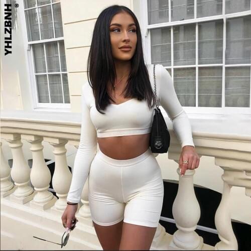 YHLZBNH Solid Bodycon Women V Neck Matching Set Long Sleeve Fashion Two Piece Outfits Basic Crop Top + Biker Shorts Sets