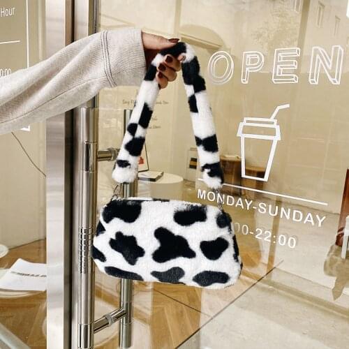 Retro Womens Bag Women Plush Furry Shoulder Bags Winter Fashion Animal Pattern Handbags Female Top-handle Satchel Pouch