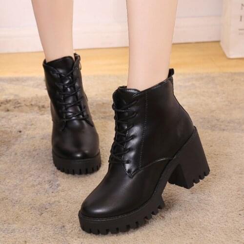 New Black Leather Women Boots Square High Heels Platform Zipper Lace Up Ankle Boots For Women Shoes Woman Winter Boots Plus Size