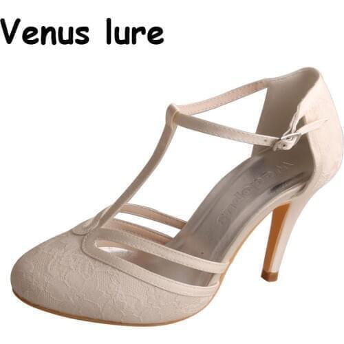 Women Shoes White Ivory High Heel Closed Toe T-Strap Lace Bridesmaid Lady Party Prom Bridal Wedding Pumps