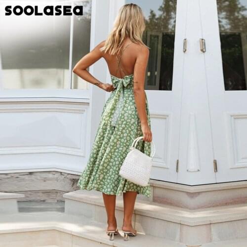 BOHO SOOLASEA Long Dress Floral Sling Cross Back Women V neck Party Night Spaghetti Strap Maxi Summer Dresses Femme Vestidos