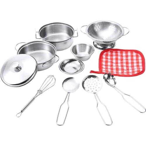 10pcs Simulation Stainless Steel Kitchen Cooking Pots Pans Kids Cookware Tableware Toys Set Play House Toy Gift Kit