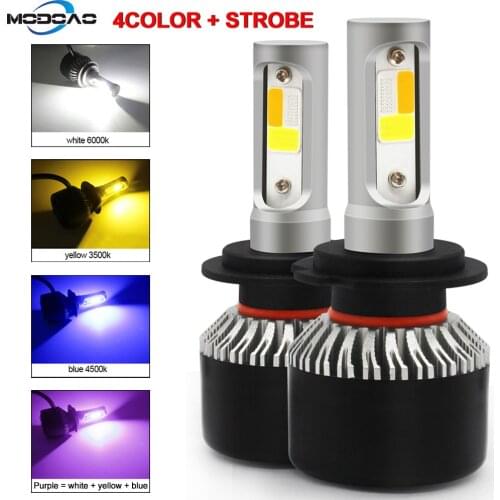 2PCS LED Car Headlight H4 H7 Dimmable 4Colors+Flash Strobe Auto Bulb 6000K 8000K 4300K White Blue Amber Lamp Fog Light Bulbs