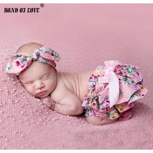 Floral Cotton Baby Bloomers Newborn Diaper Cover Cute Tutu Ruffled Panties Baby Girl Bow Shorts+Headband 2Pcs Baby Clothes