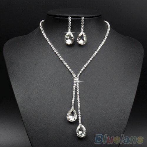 2018 Wedding Bridal Wedding Silver Plated Crystal Rhinestone Necklace Earrings Jewelry Set 02GO